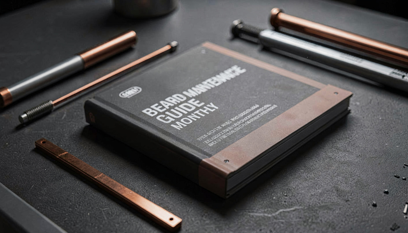 Beard Maintenance Guide Monthly, close detail, soft focus background