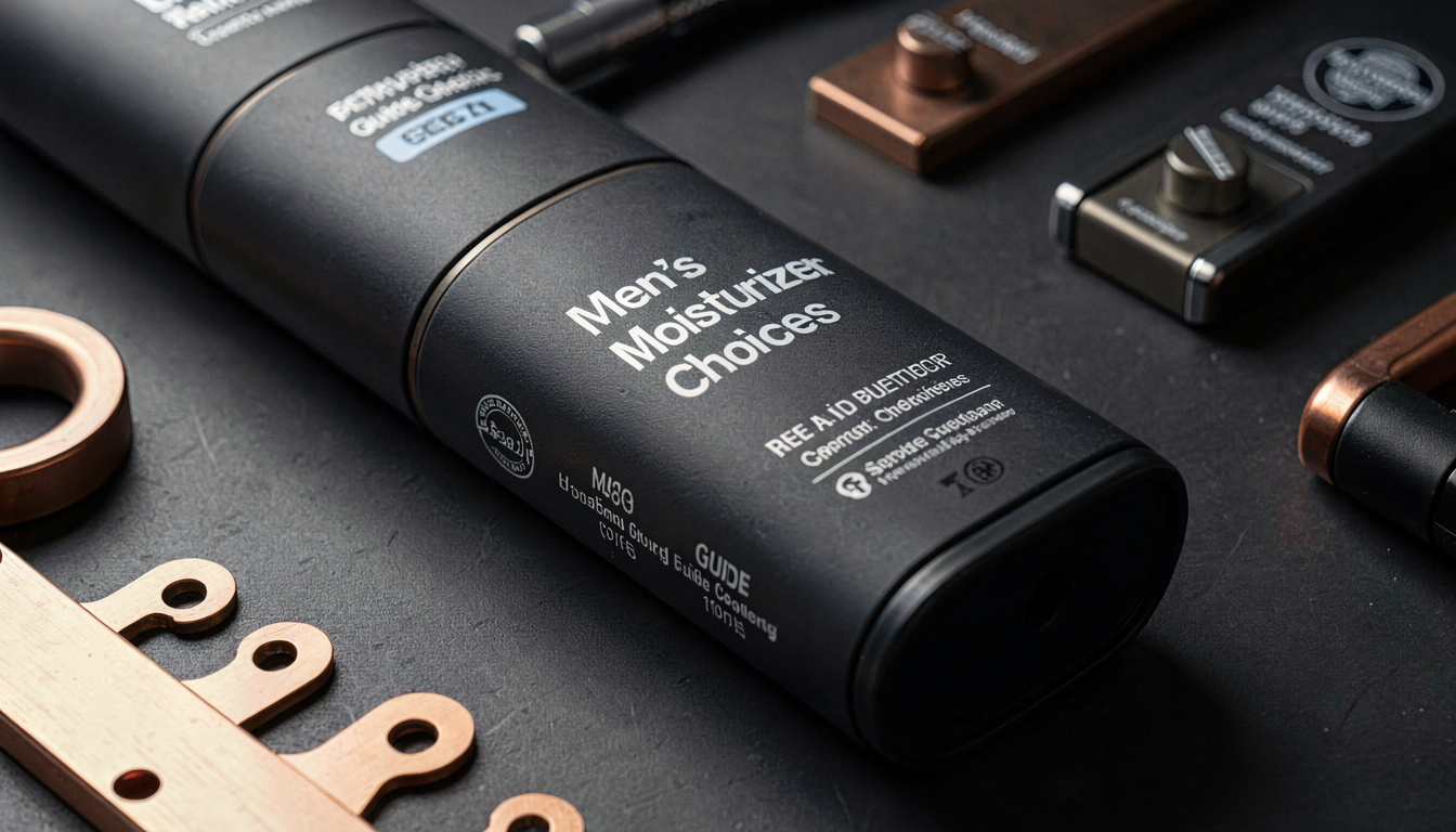 Men's Moisturizer Guide Choices, close detail, soft focus background